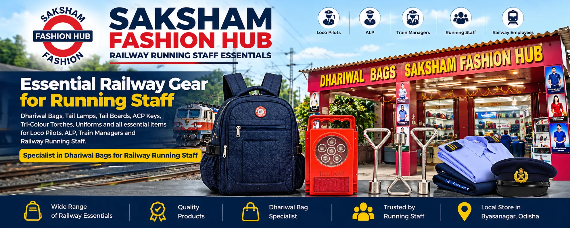 Saksham Fashion Hub: Dhariwal bags, tail lamps, tail boards, ACP keys, tri-colour torches and uniforms for railway running staff, Byasanagar, Odisha